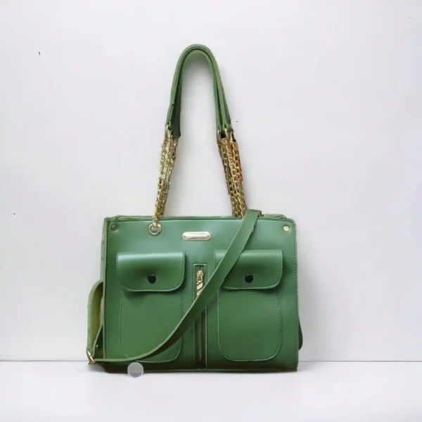 Green bucket bag with strap, great for everyday use.