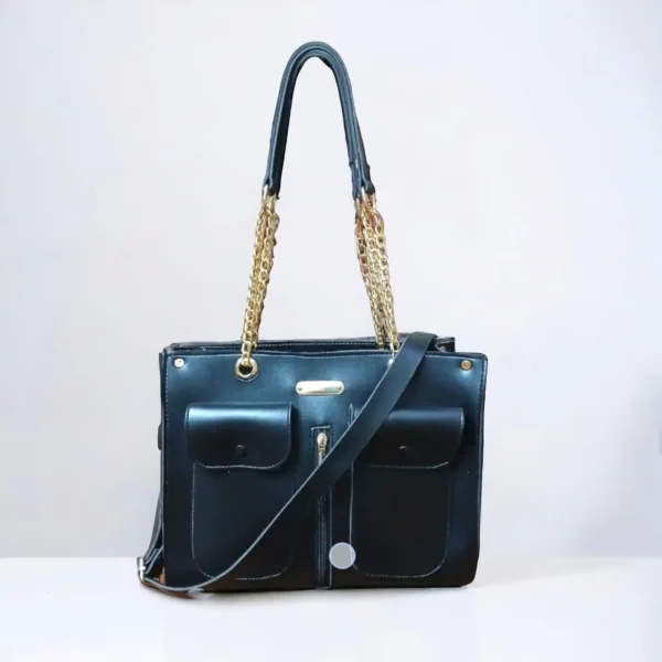 Black bucket bag with strap, great for everyday use.