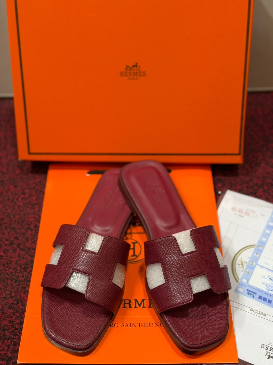 Women’s Burgundy Hermes Slippers – Premium Imported Sandals