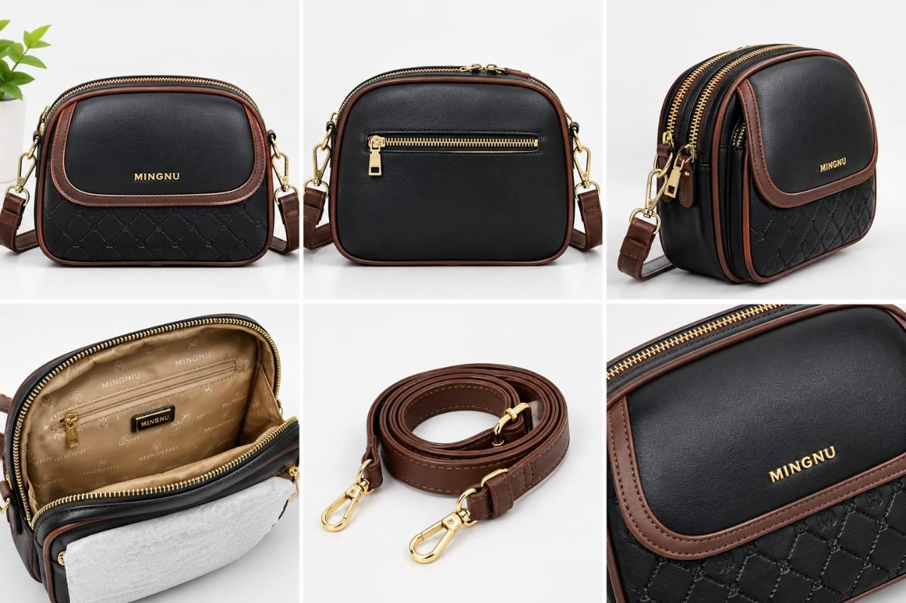 Imported Black & Brown Women's Leather-Quality Handbag with Long Strap & Double Compartments | Pouclets - Image 3